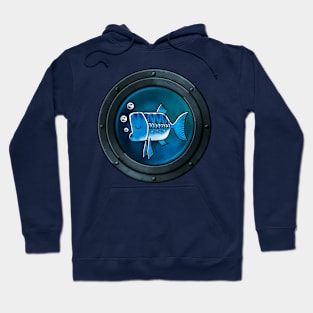 A Sleepy Blue Fish framed by a Porthole Hoodie